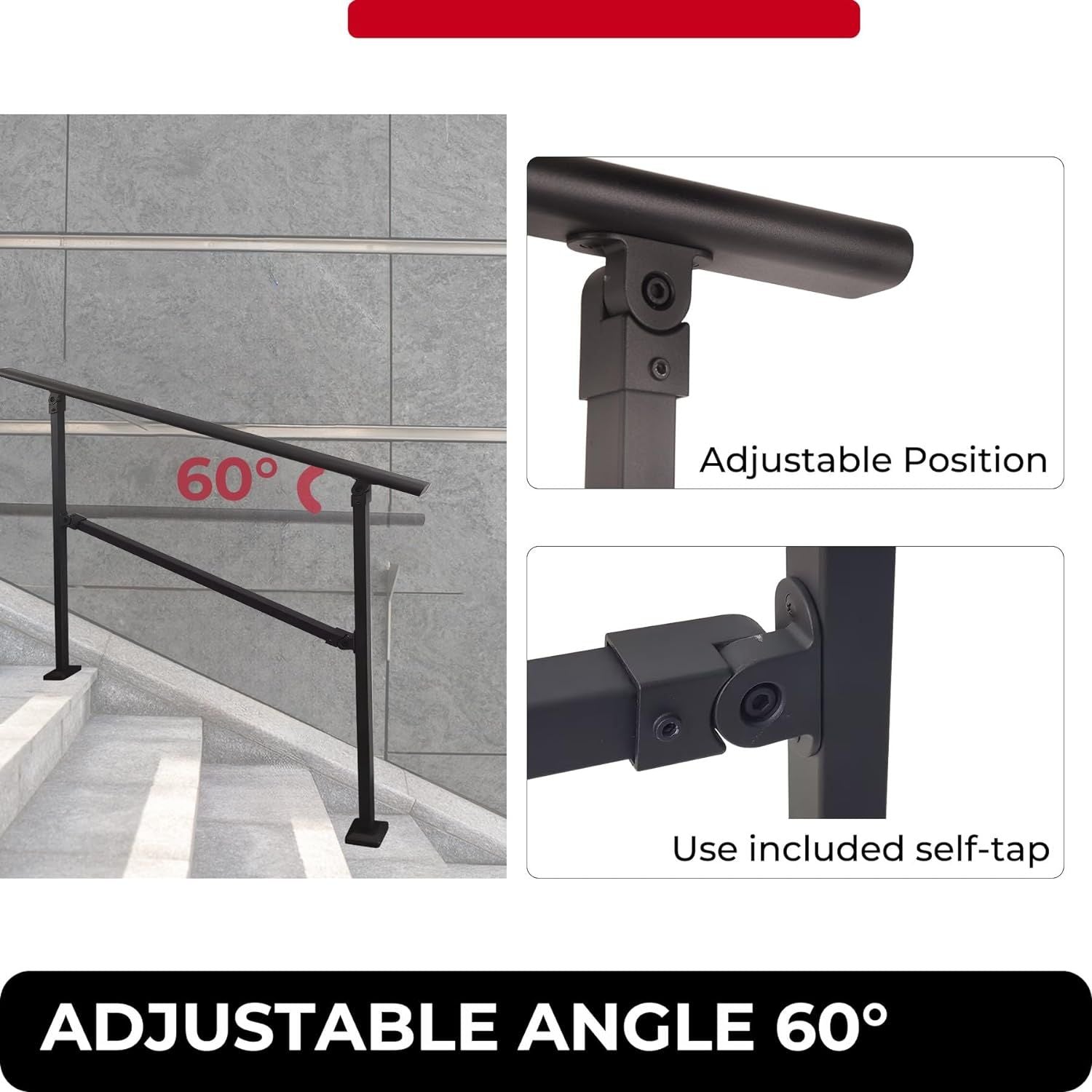 Outdoor Stair Railing,Black Exterior Handrail Adjustable from 0 to 60 Degrees Black Cast Iron Handrails for Outdoor Ramp image 8