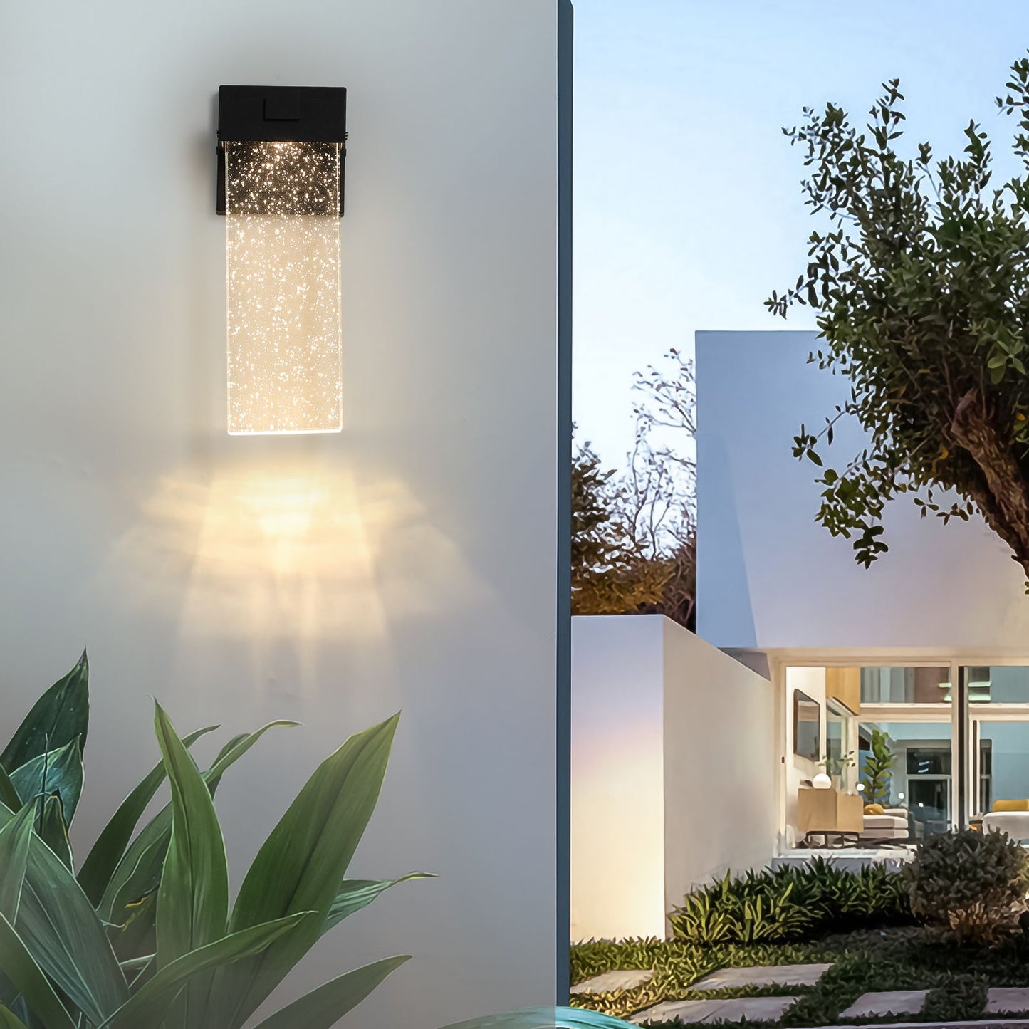 Close-up of crystal bubble lampshade on outdoor wall sconce