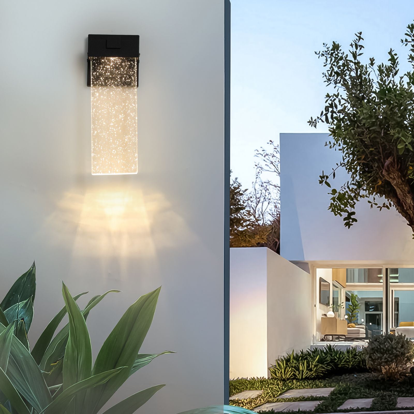 Close-up of crystal bubble lampshade on outdoor wall sconce