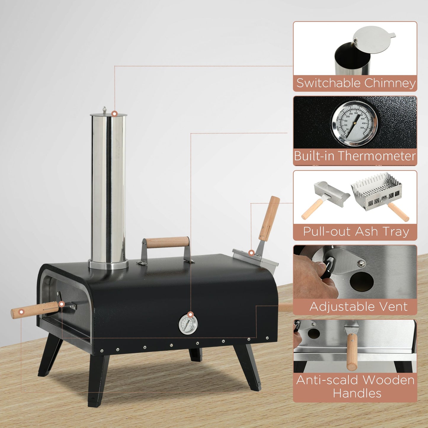 Outsunny Outdoor Pizza Oven with 12" Stone, Peel and Cover, Portable Pellet Wood Fired Pizza Maker with Foldable Legs, S image 5