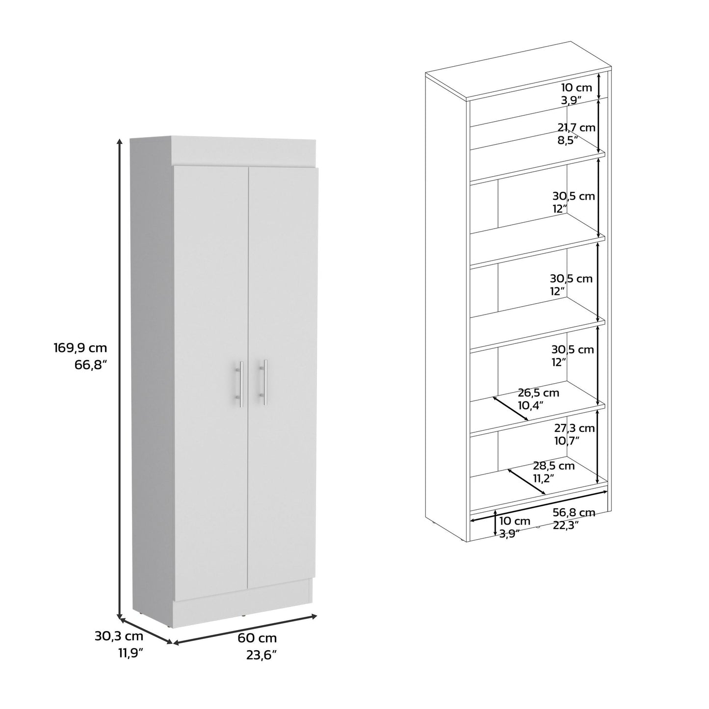 Pantry Cabinet 67" H, 5 Internal Shelves, Two Doors, White image 7