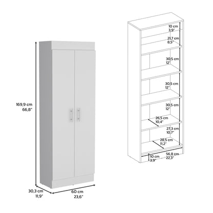 Pantry Cabinet 67" H, 5 Internal Shelves, Two Doors, White image 7