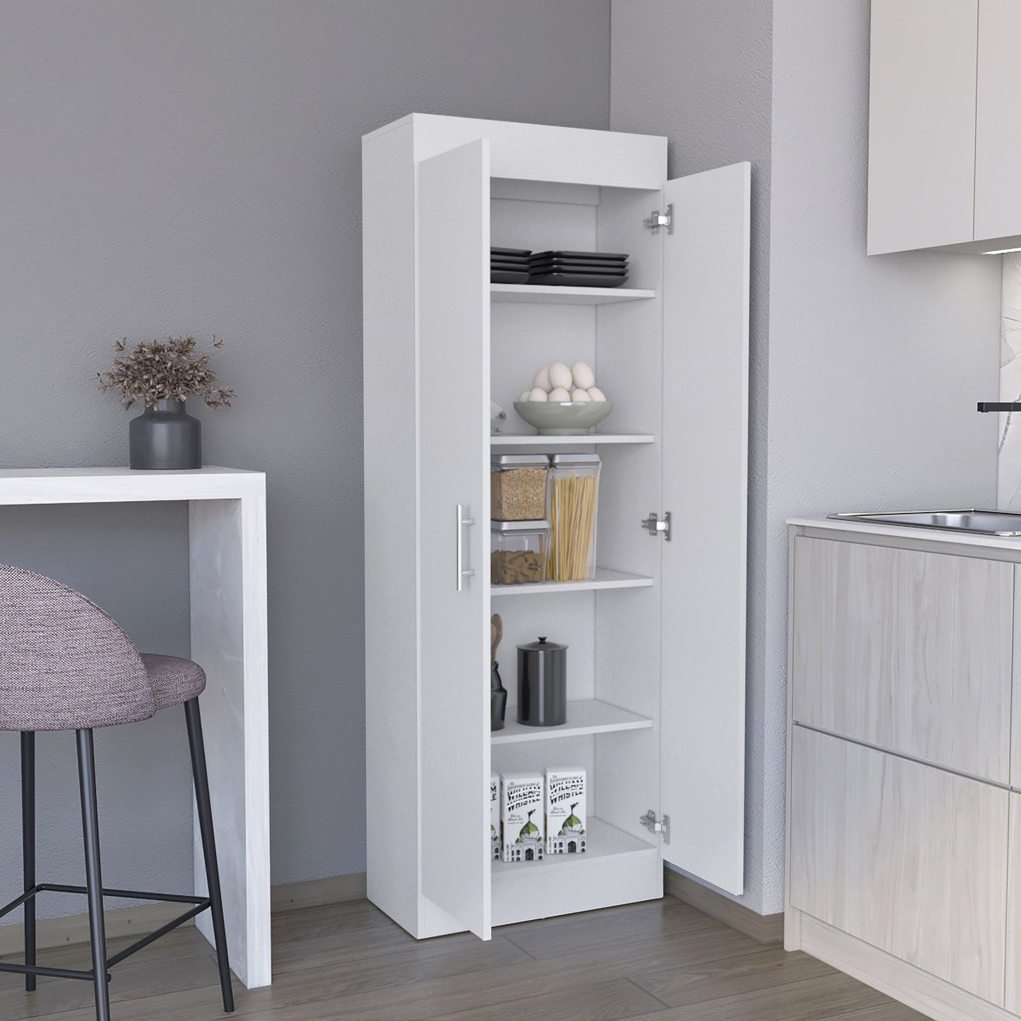 Pantry Cabinet 67" H, 5 Internal Shelves, Two Doors, White image 3