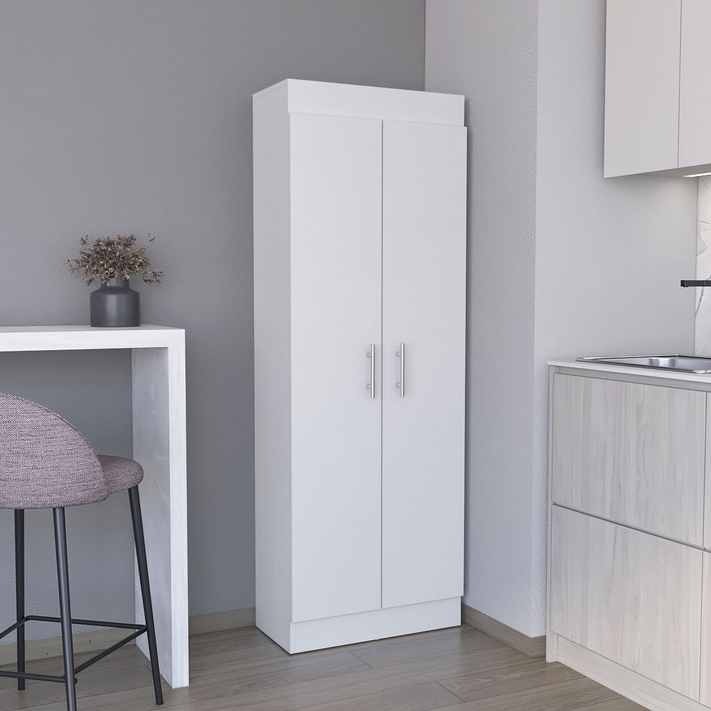 Pantry Cabinet 67" H, 5 Internal Shelves, Two Doors, White image 1