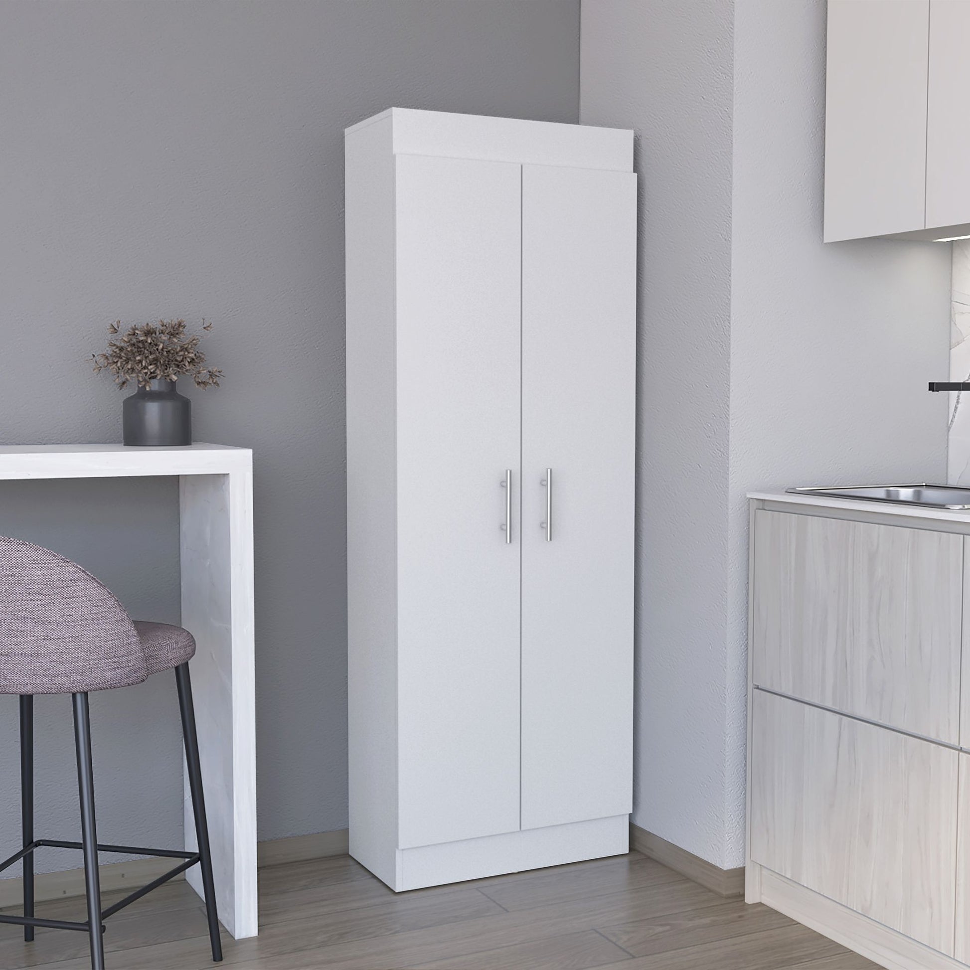 Pantry Cabinet 67" H, 5 Internal Shelves, Two Doors, White image 1