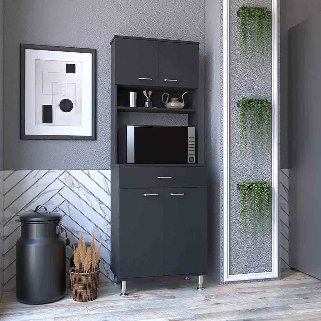 Pantry Cabinet 67" H, Four Doors, One Drawer, Three Internal Shelves, 2 External Storage Shelves, Microwave Storage Opti image 1