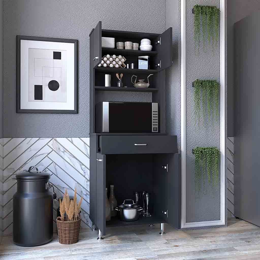 Pantry Cabinet 67" H, Four Doors, One Drawer, Three Internal Shelves, 2 External Storage Shelves, Microwave Storage Opti image 2