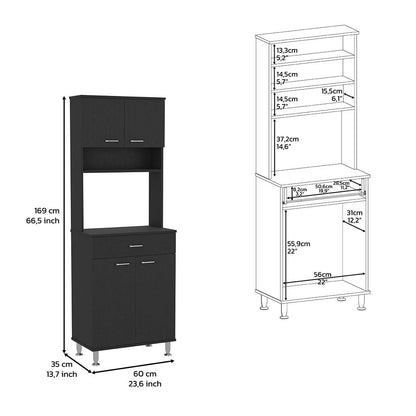 Pantry Cabinet 67" H, Four Doors, One Drawer, Three Internal Shelves, 2 External Storage Shelves, Microwave Storage Opti image 6