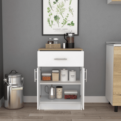 Pantry Organizer Cabinet 33" H, One Drawer, Two Interior Shelves, Two Doors, White/Light Oak image 2