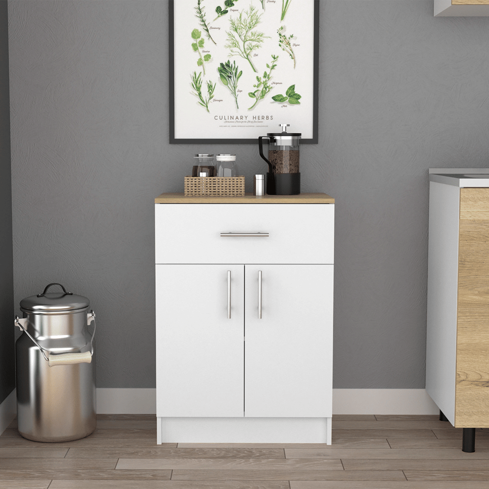 Pantry Organizer Cabinet 33" H, One Drawer, Two Interior Shelves, Two Doors, White/Light Oak image 1