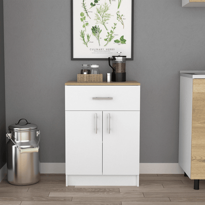 Pantry Organizer Cabinet 33" H, One Drawer, Two Interior Shelves, Two Doors, White/Light Oak image 1