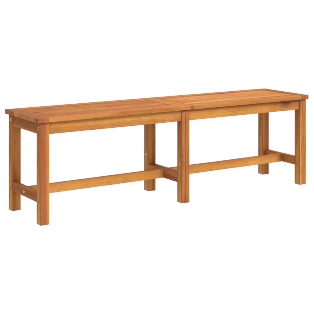 Acacia wood bench side view showing oil finish and sturdy frame