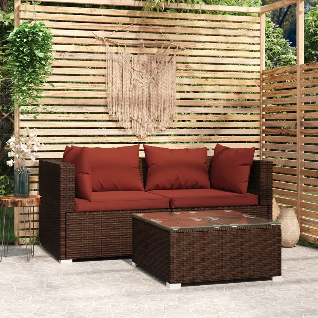 Patio Furniture Set 3 Piece with Cushions Brown Poly Rattan image 1