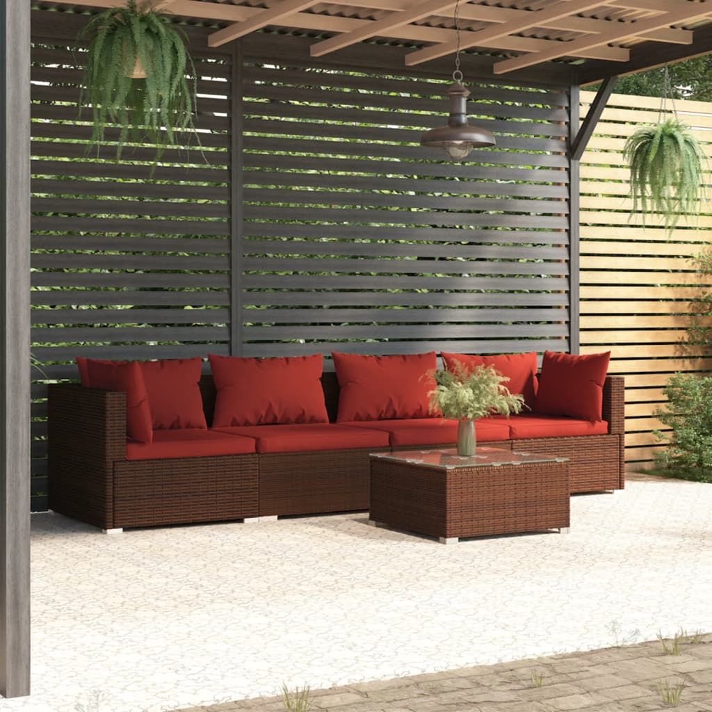 Patio Furniture Set 5 Piece with Cushions Poly Rattan Brown image 1