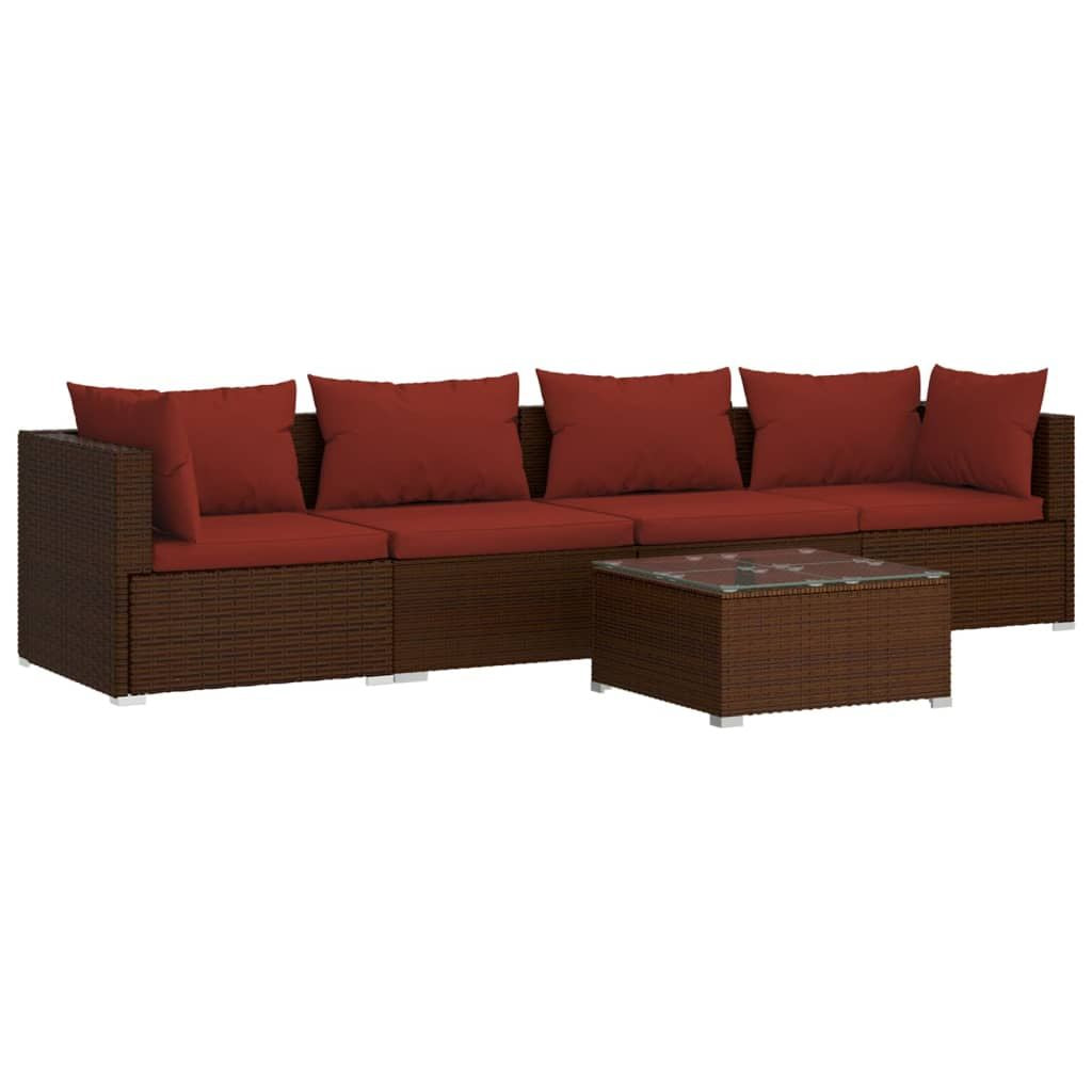 Patio Furniture Set 5 Piece with Cushions Poly Rattan Brown image 2