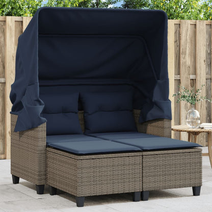 Patio Sofa 2-Seater with Canopy and Stools Gray Poly Rattan image 1