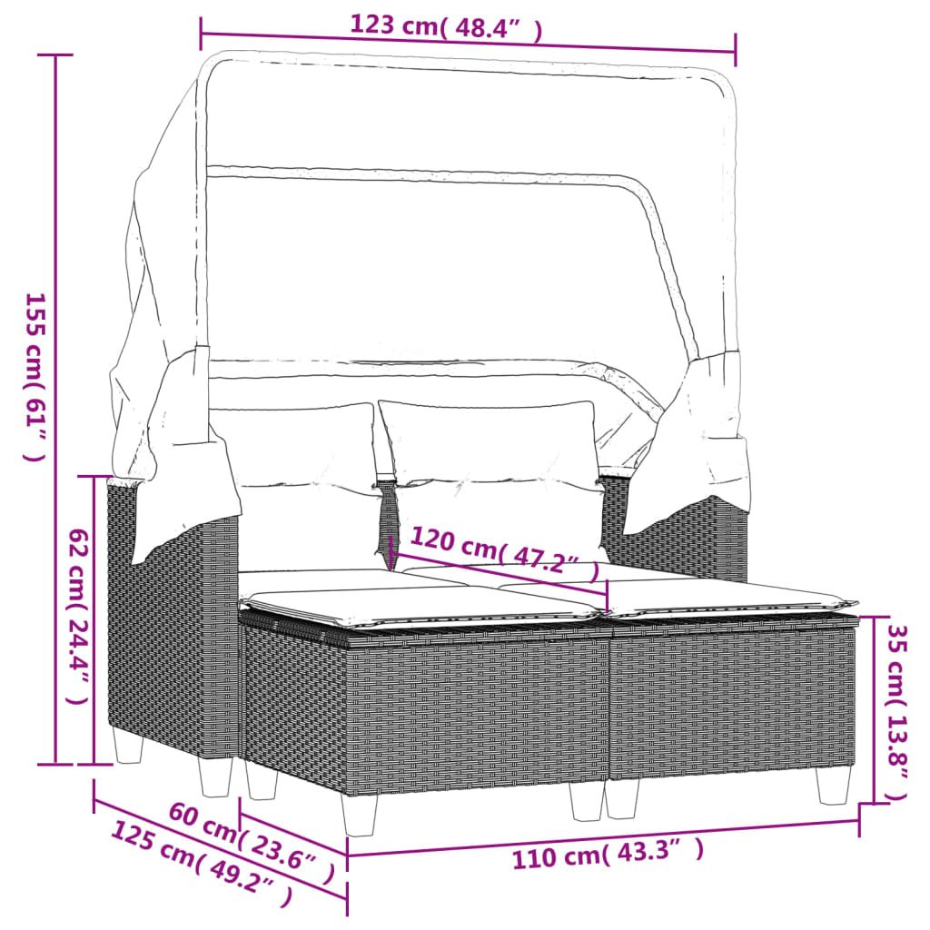 Patio Sofa 2-Seater with Canopy and Stools Gray Poly Rattan image 11