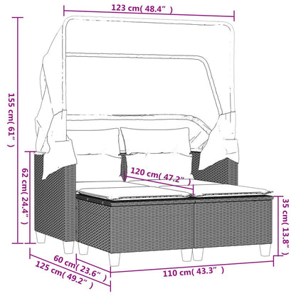 Patio Sofa 2-Seater with Canopy and Stools Gray Poly Rattan image 11