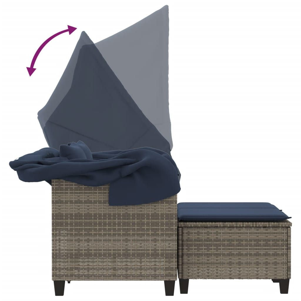 Patio Sofa 2-Seater with Canopy and Stools Gray Poly Rattan image 8