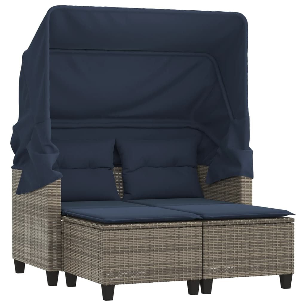 Patio Sofa 2-Seater with Canopy and Stools Gray Poly Rattan image 2