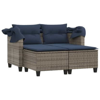 Patio Sofa 2-Seater with Canopy and Stools Gray Poly Rattan image 4