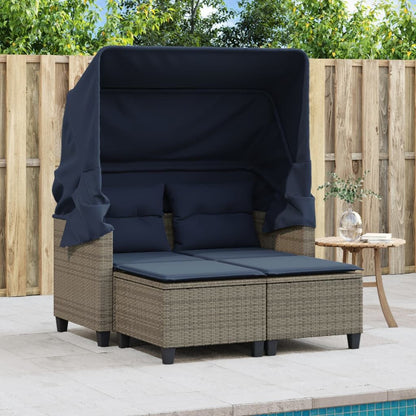 Patio Sofa 2-Seater with Canopy and Stools Gray Poly Rattan image 3