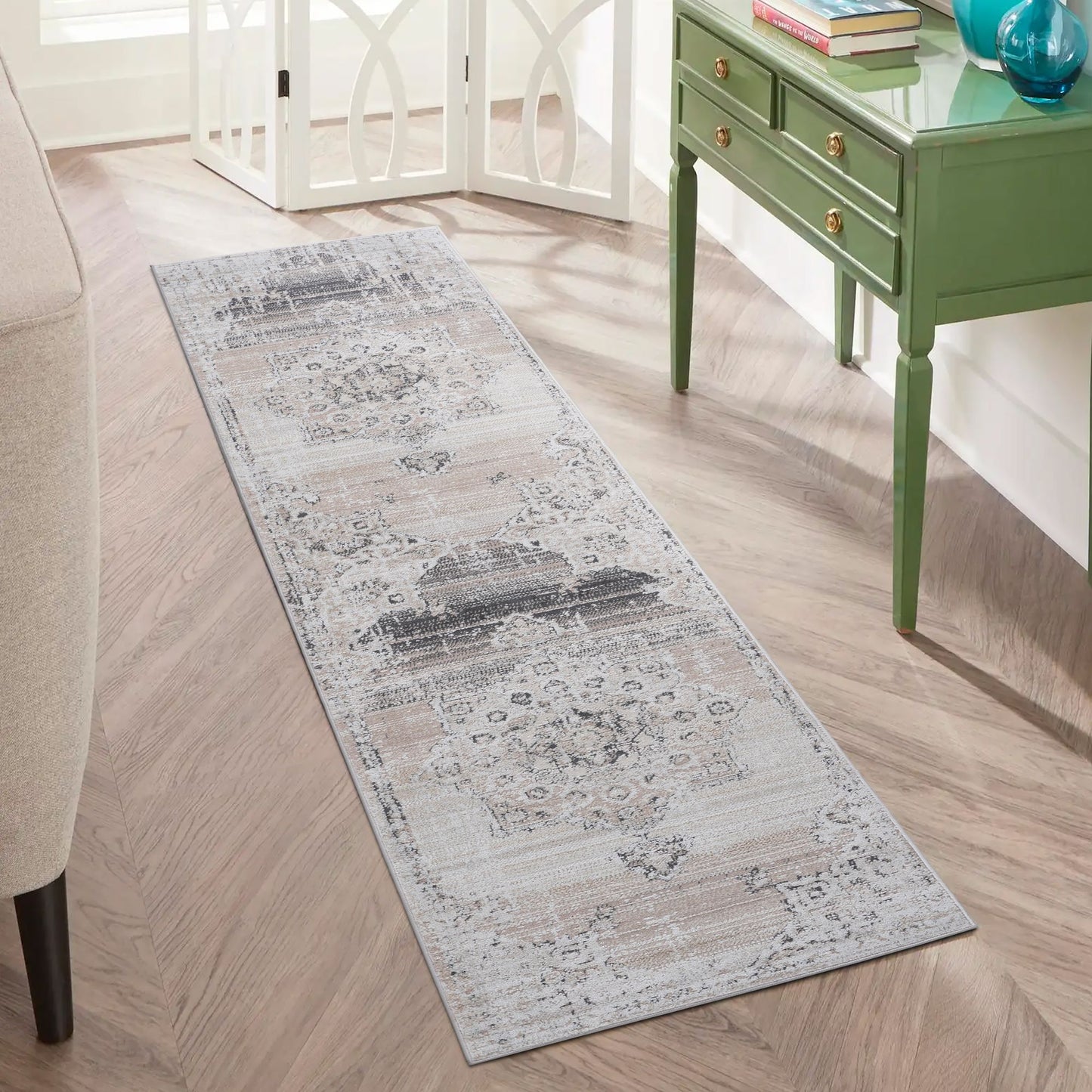 PAYAS Collection 2X8 Cream / Beige / Medallion Runner Rug image 1