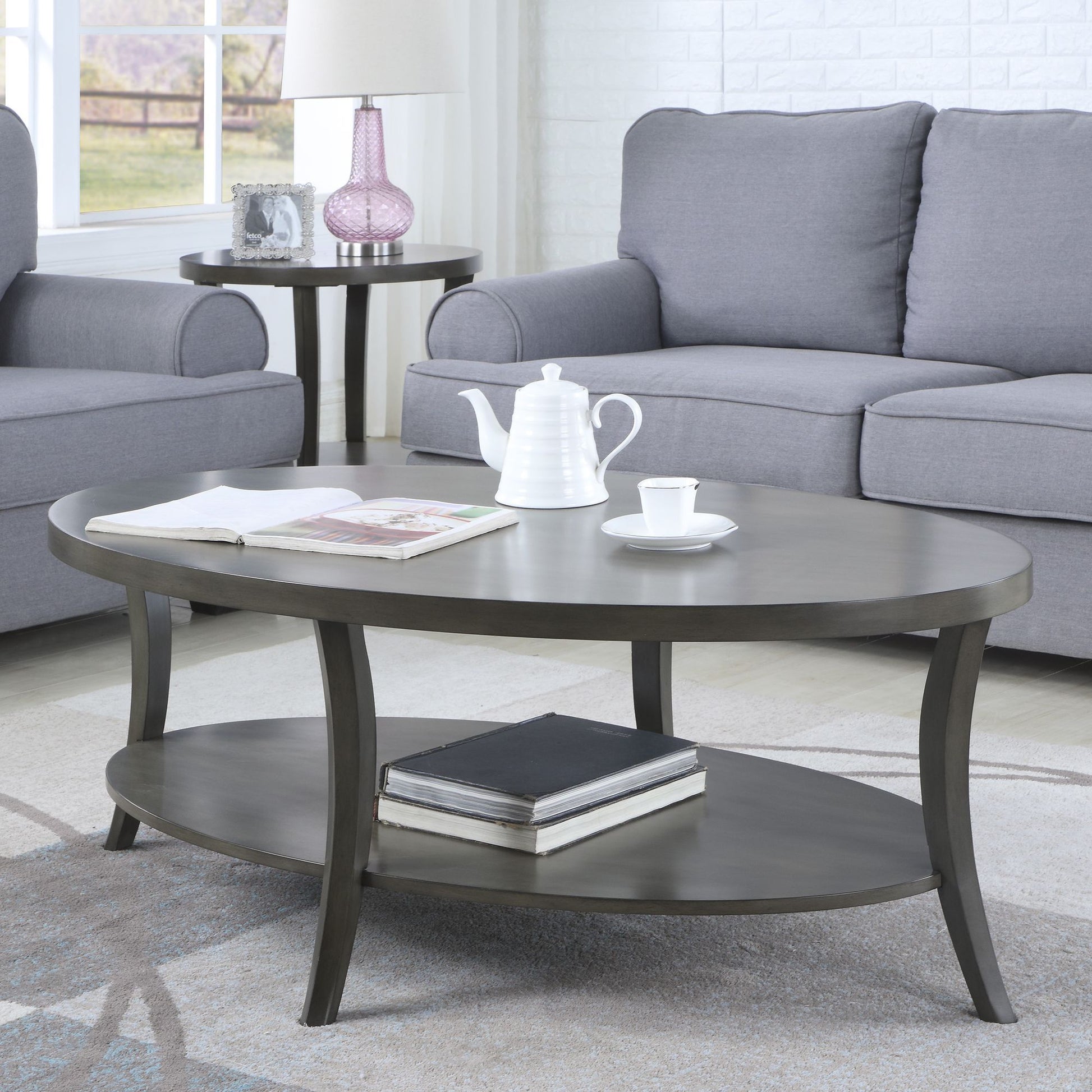Perth Contemporary Oval Shelf Coffee Table Set, Gray image 3