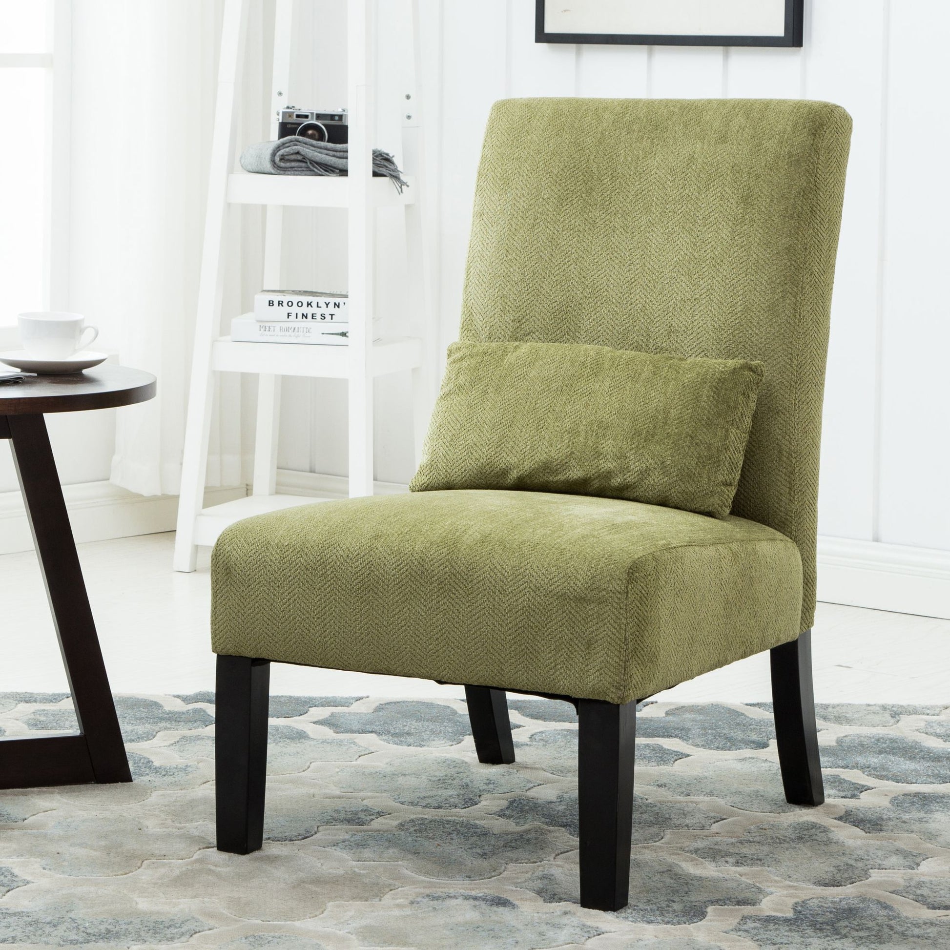 Pisano Contemporary Chenille Fabric Armless Accent Chair with Pillow, Green image 1