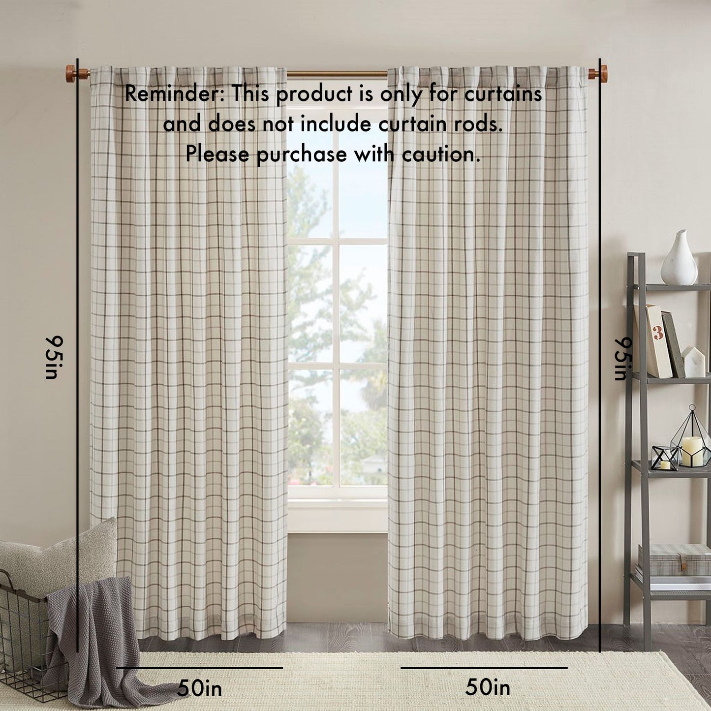 Plaid Rod Pocket and Back Tab Curtain Panel with Fleece Lining Natural 50x95" image 3