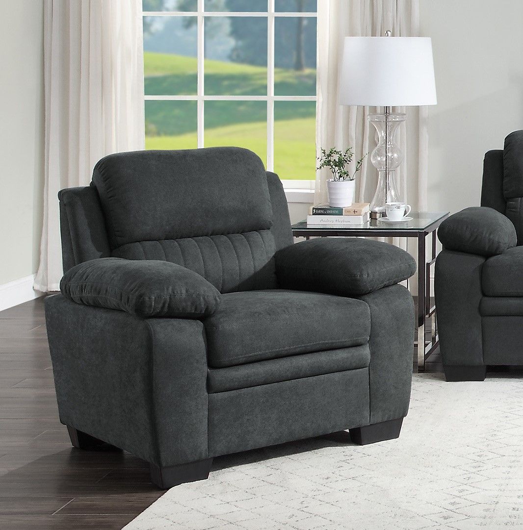 Plush seating chair dark gray textured fabric channel tufting solid wood frame modern living room furniture back view
