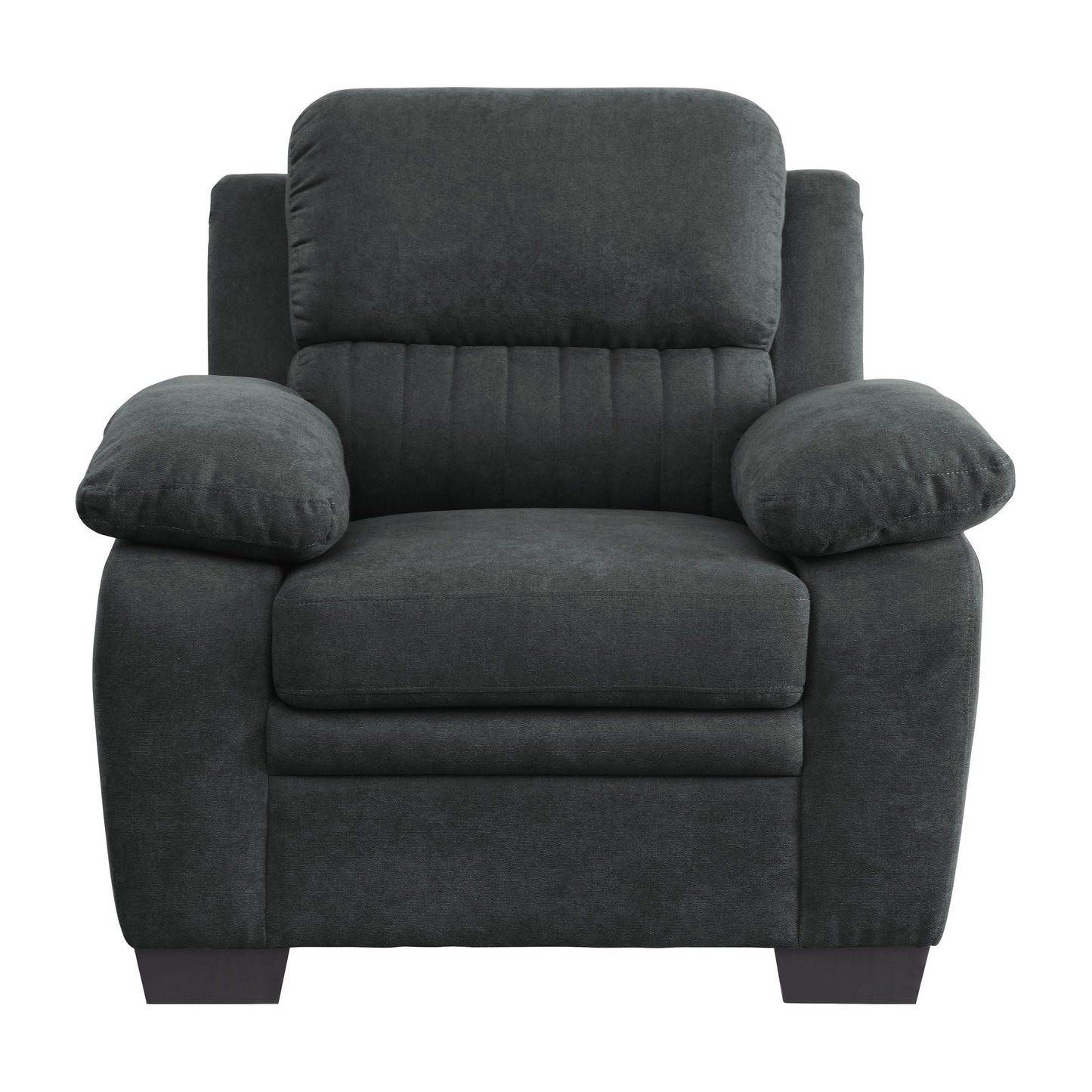 Plush seating chair dark gray textured fabric channel tufting solid wood frame modern living room furniture front view