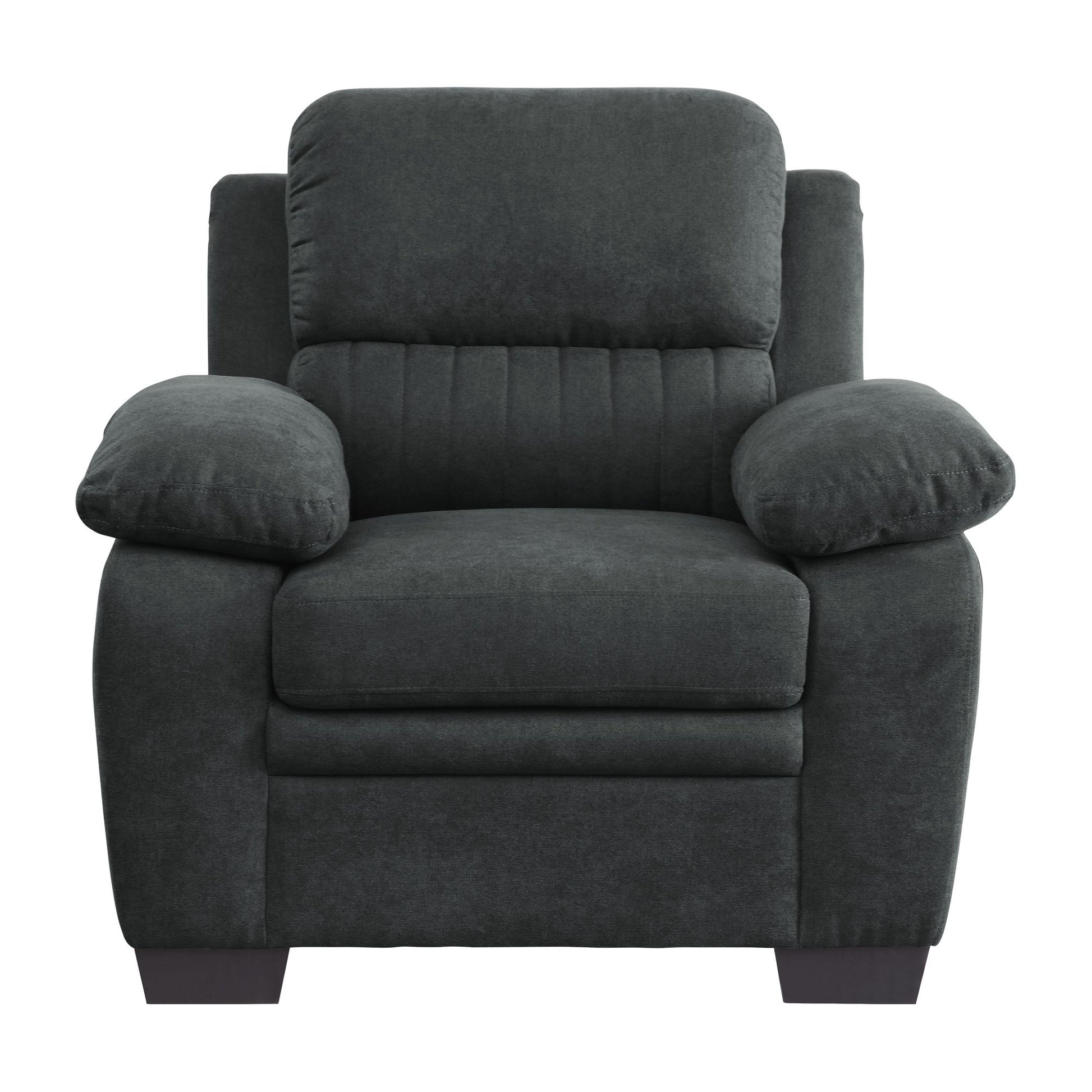 Plush seating chair dark gray textured fabric channel tufting solid wood frame modern living room furniture front view