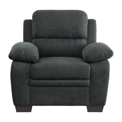 Plush seating chair dark gray textured fabric channel tufting solid wood frame modern living room furniture front view