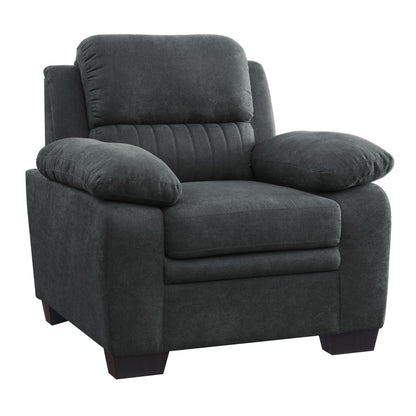 Plush seating chair dark gray textured fabric channel tufting solid wood frame modern living room furniture side view