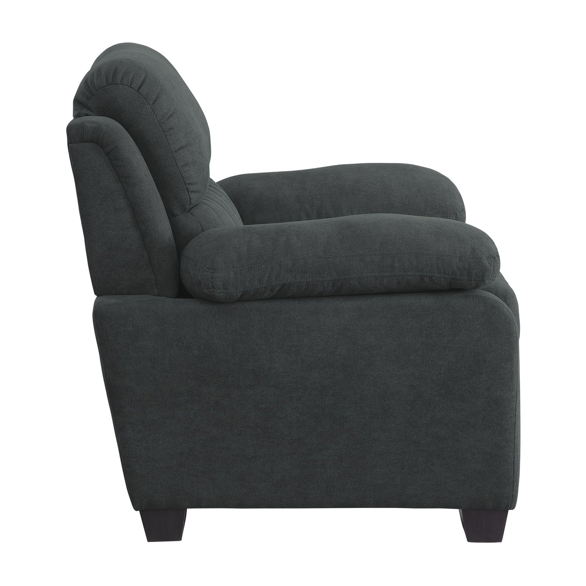 Plush seating chair dark gray textured fabric channel tufting solid wood frame modern living room furniture angle view