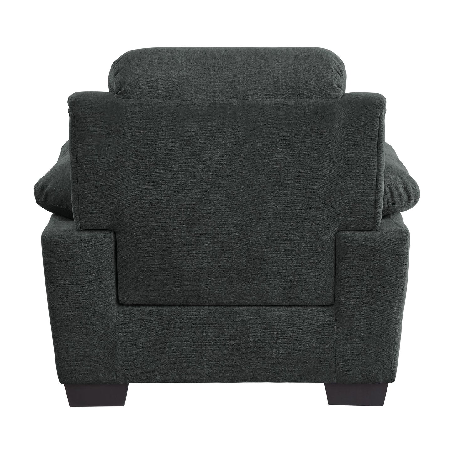 Plush seating chair dark gray textured fabric channel tufting solid wood frame modern living room furniture detail view