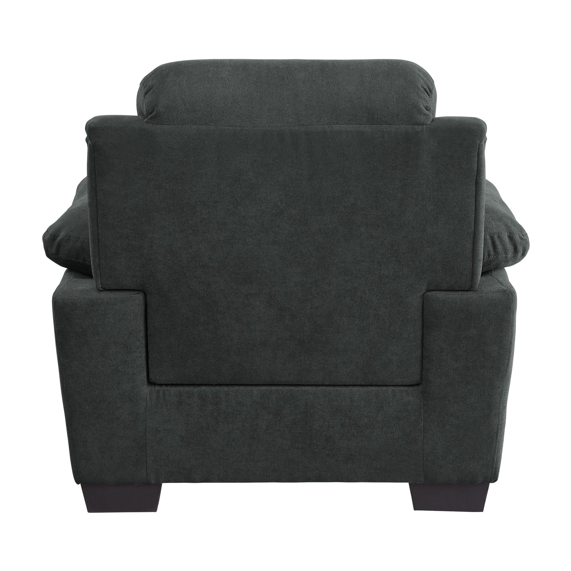 Plush seating chair dark gray textured fabric channel tufting solid wood frame modern living room furniture detail view