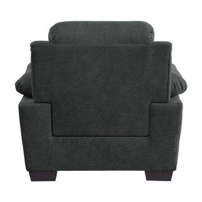 Plush seating chair dark gray textured fabric channel tufting solid wood frame modern living room furniture detail view