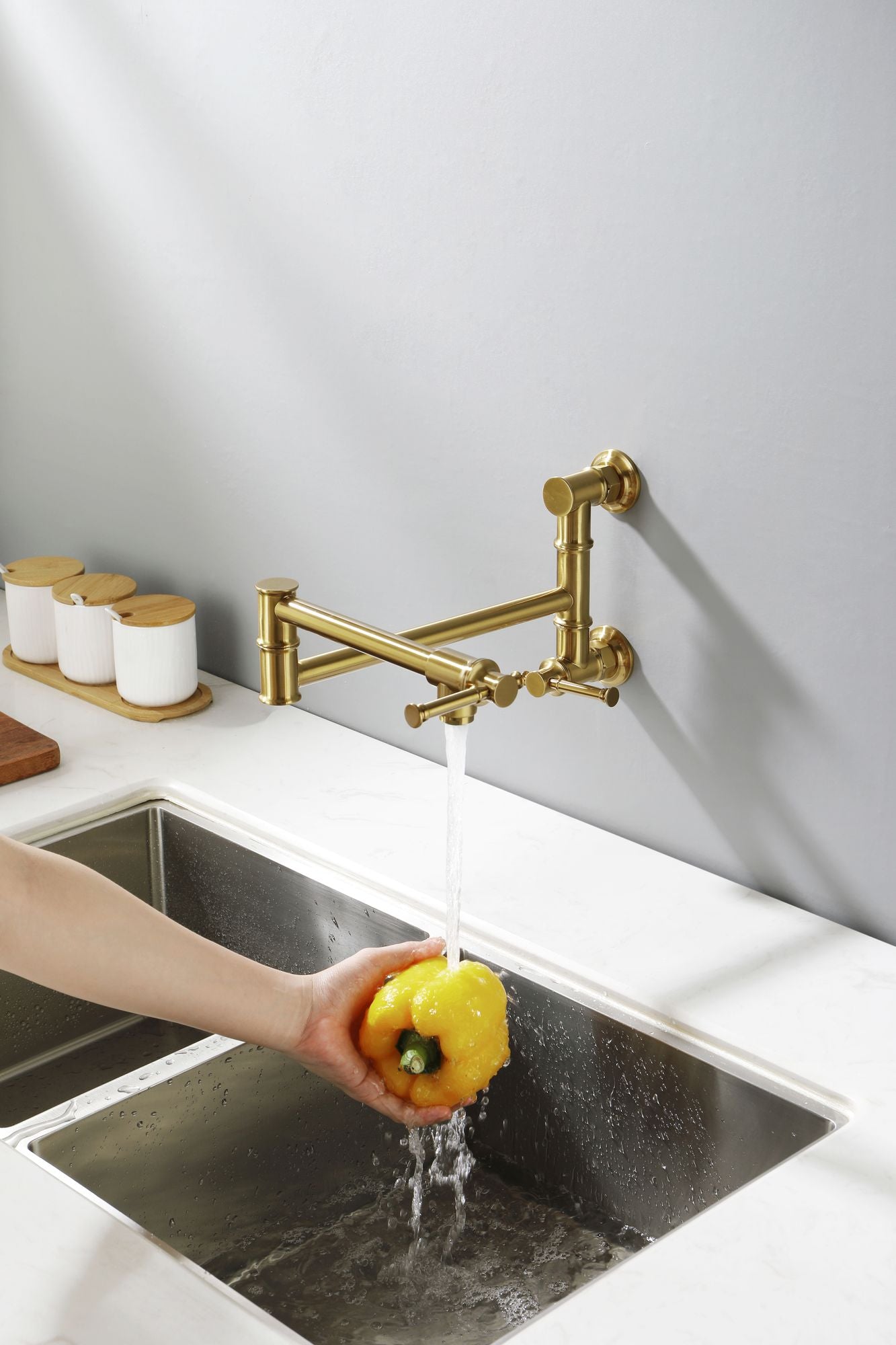 Pot Filler Faucet Wall Mount Pot Filler Faucet, Modern Brass Pot Filler Two-Attachment Wall Mount Folding Kitchen Pot Fi image 19