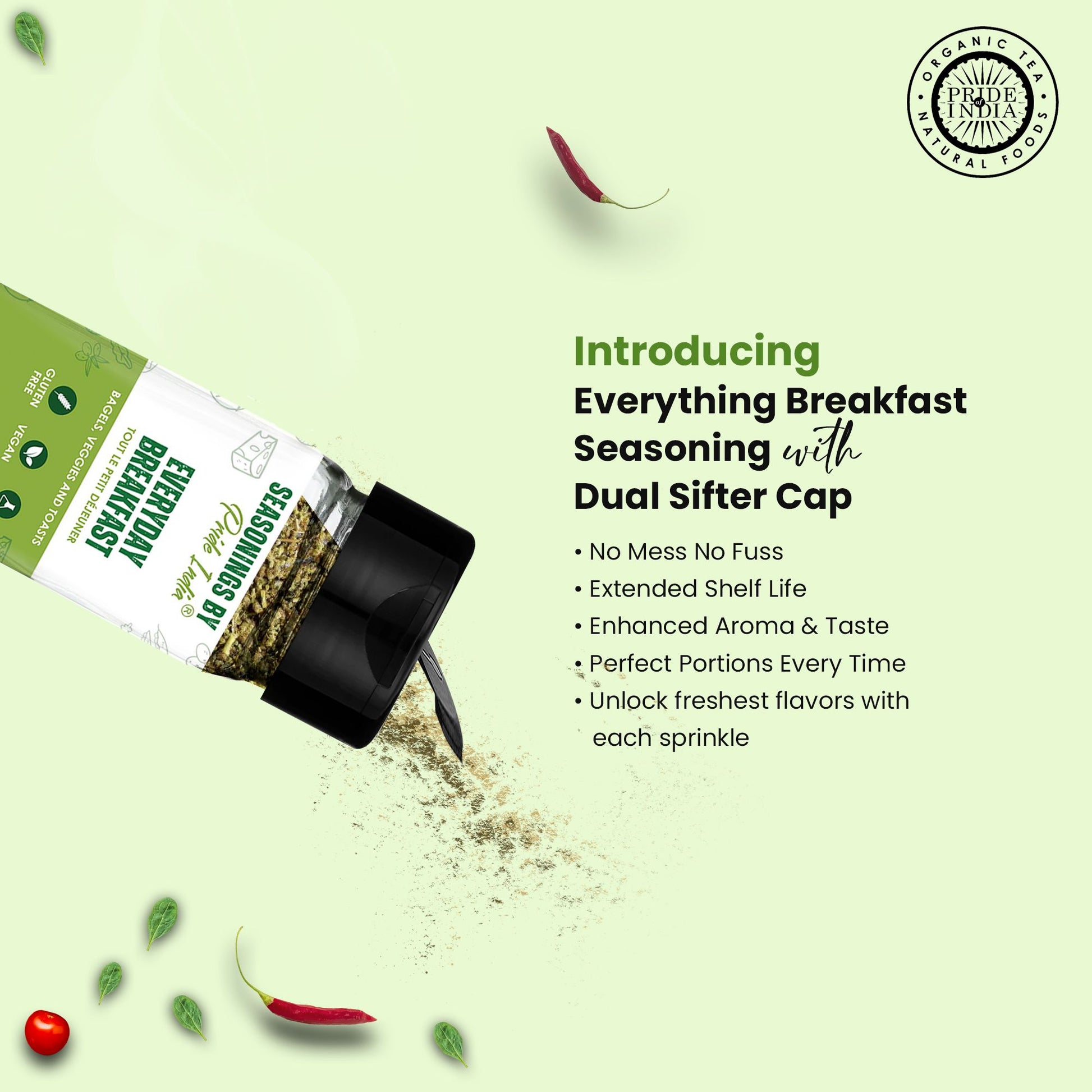 Pride of India Breakfast Seasoning 2.3 oz (65 gm) w/ Convenient Dual Sifter Cap Sweet Spicy Taste | Blend of Chia Sesame image 4