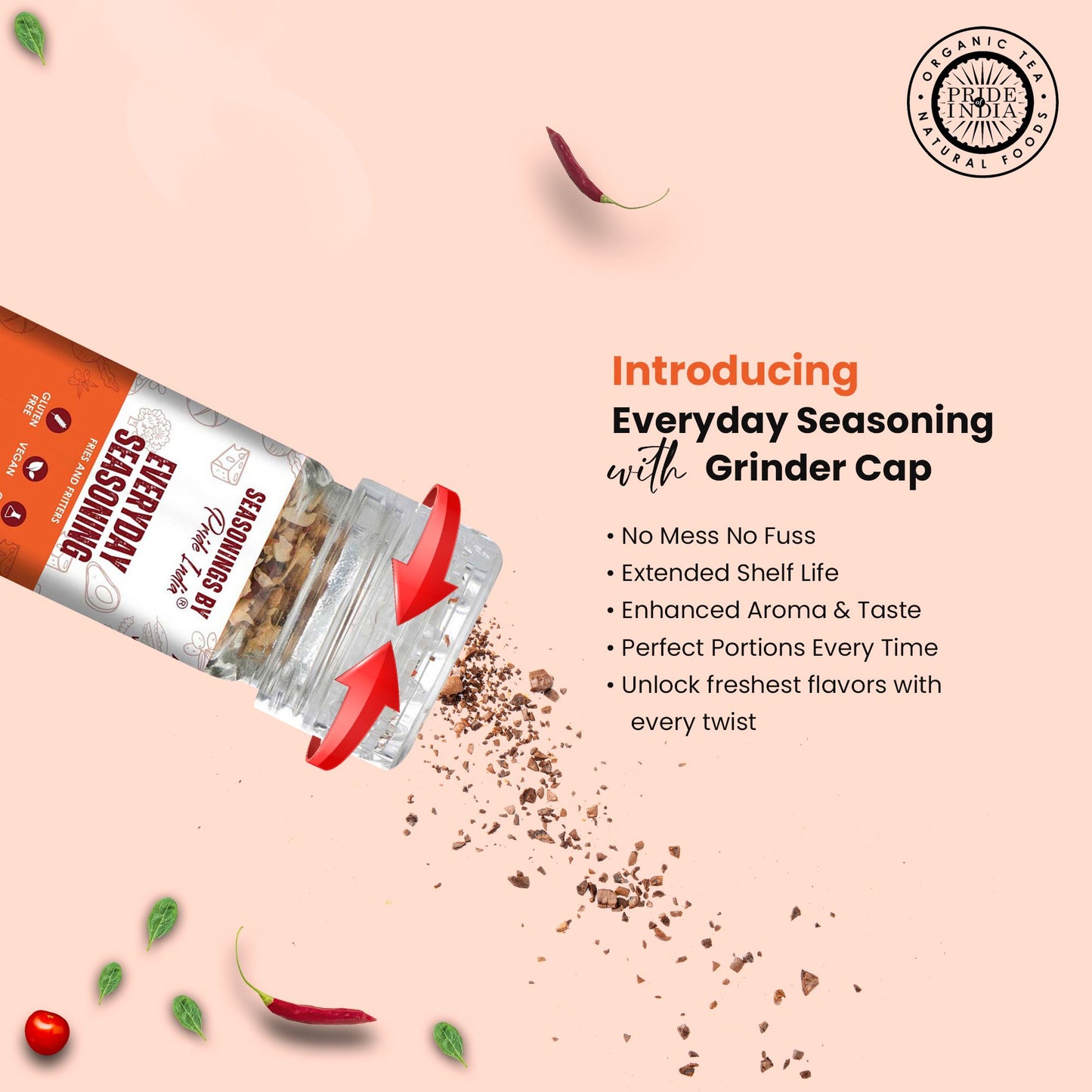 Pride of India Everyday Seasoning 2.3 oz (65 gm) w/ Convenient Grinder Cap Tangy Spicy All Purpose Mixes |Himalayan Pink image 4