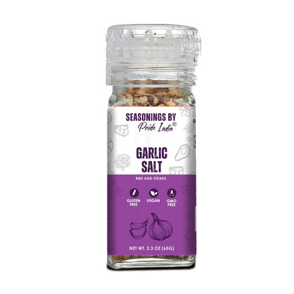Pride of India Garlic Salt 2.3 oz (65 gm) w/ Convenient Grinder Cap Savory Pungent Tangy Taste | Himalayan Pink Salt Min image 1