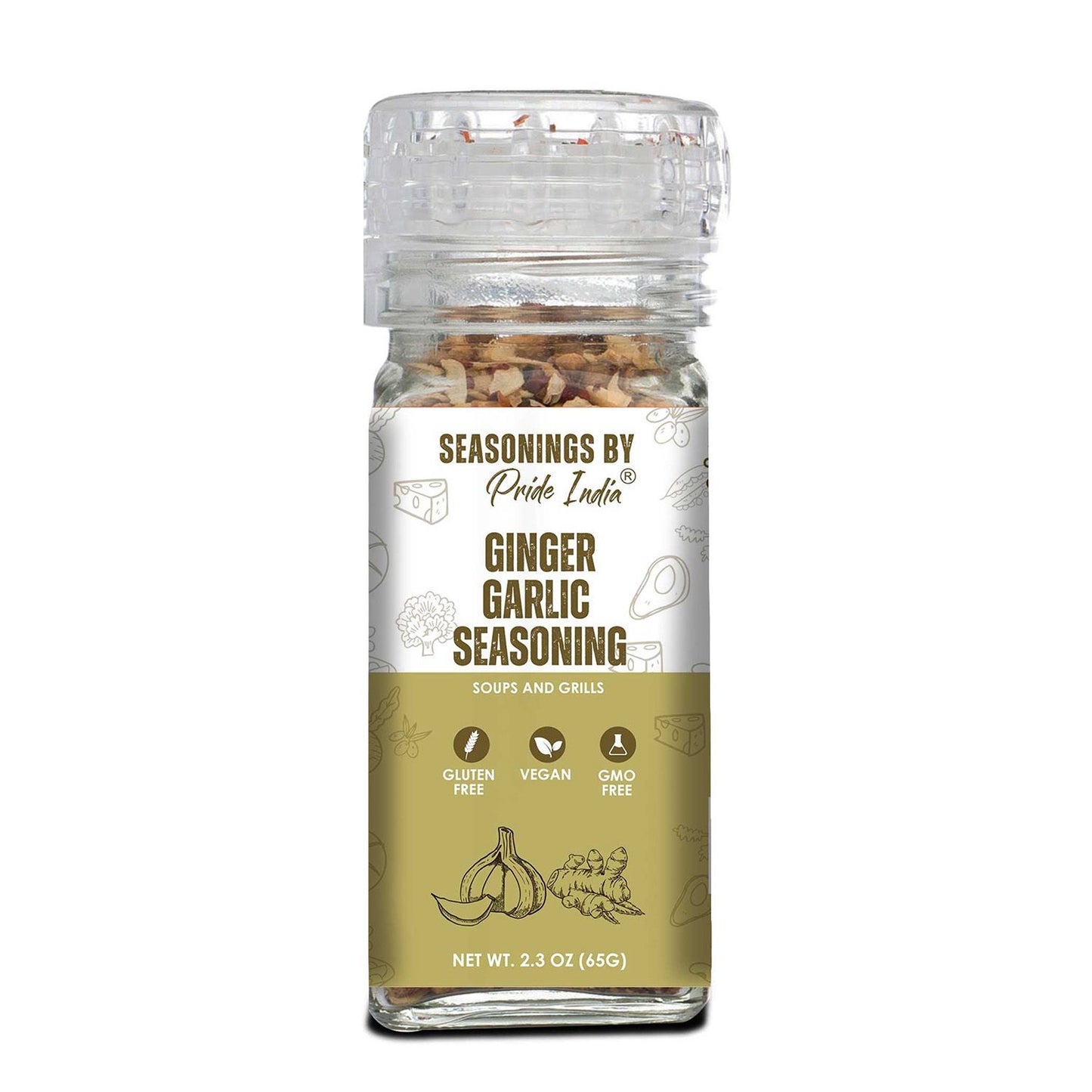 Pride of India Ginger Garlic Seasoning 2.3 oz (65 gm) w/ Convenient Grinder Cap Spicy Savory Taste | For Cooking, Marina image 1