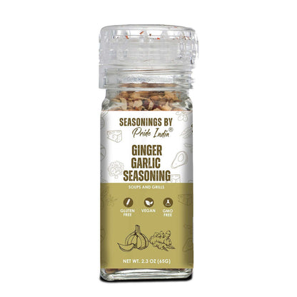 Pride of India Ginger Garlic Seasoning 2.3 oz (65 gm) w/ Convenient Grinder Cap Spicy Savory Taste | For Cooking, Marina image 1