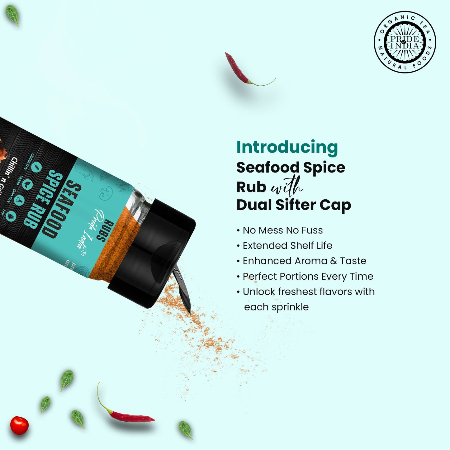 Pride of India Seafood Spice Rub 2.3 oz (65 gm) w/ Convenient  Dual Sifter Cap Savory Salty All Purpose Seasoning | Used image 4