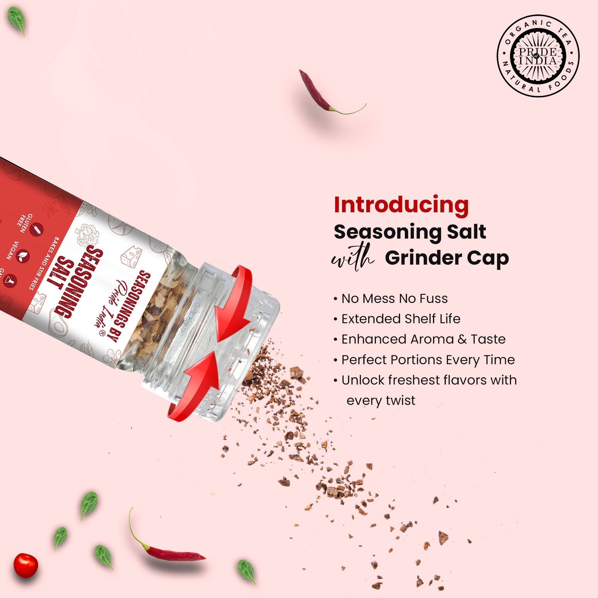Pride of India Seasoning Salt 2.3 oz (65 gm) w/ Convenient Grinder Cap Tangy Spicy Taste | Himalayan Pink Salt Fresh Gar image 4