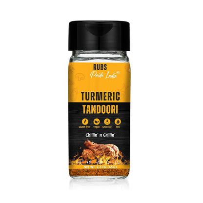 Pride of India Turmeric Tandoori Rub 2.3 oz (65 gm) w/ Convenient Dual Sifter Cap Bold Smoky Golden Flavor| Used for Mar image 1