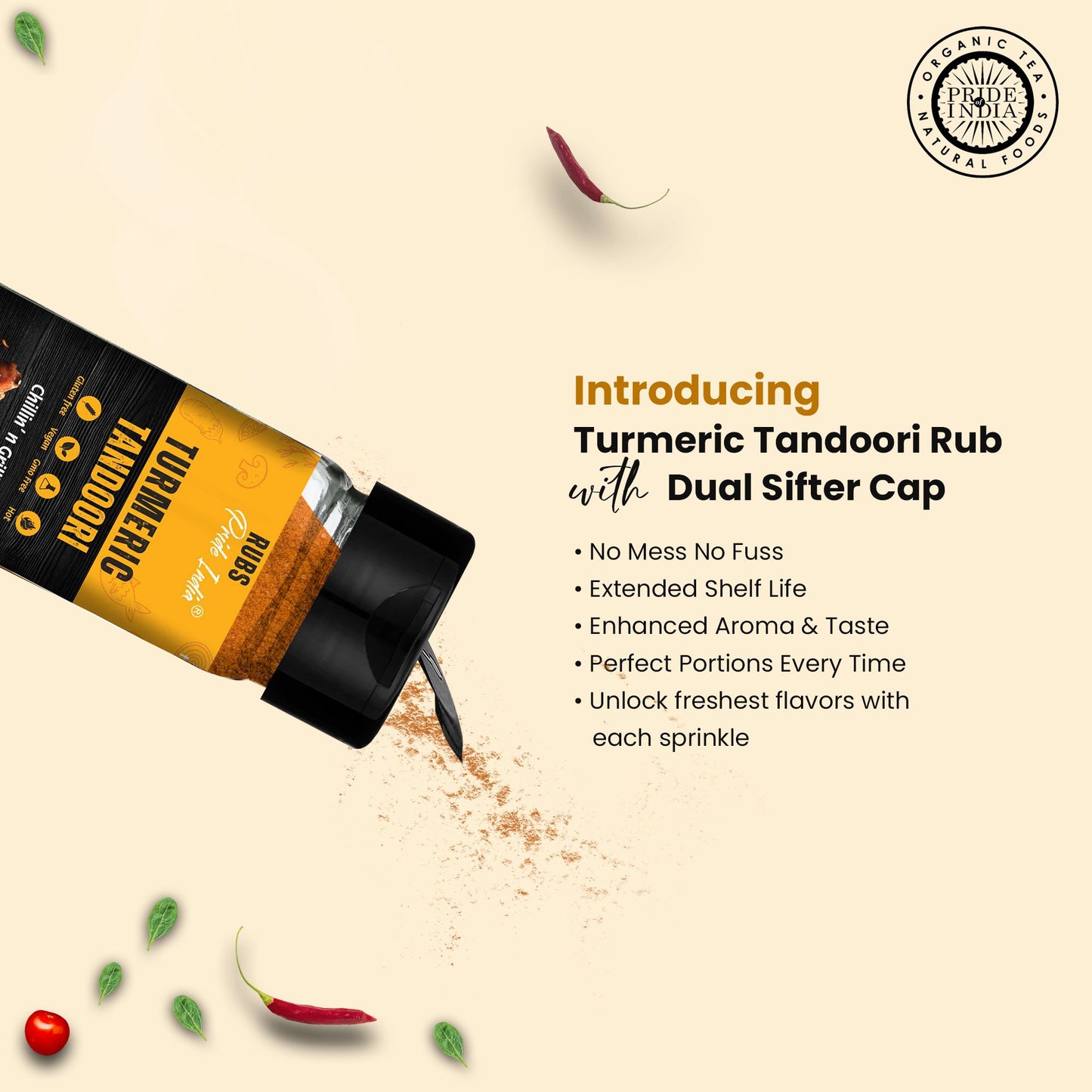 Pride of India Turmeric Tandoori Rub 2.3 oz (65 gm) w/ Convenient Dual Sifter Cap Bold Smoky Golden Flavor| Used for Mar image 4