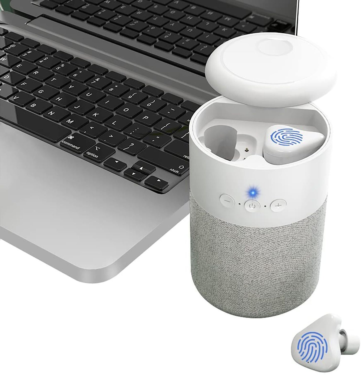 Pro Pair speaker charging case open with earbuds